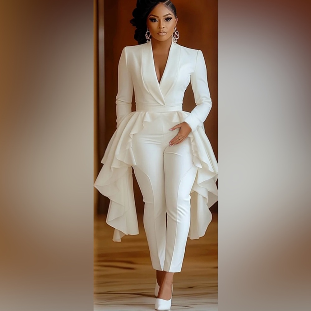 V Neck Long Sleeve Irregular Ruffle Solid Color Jumpsuit-White